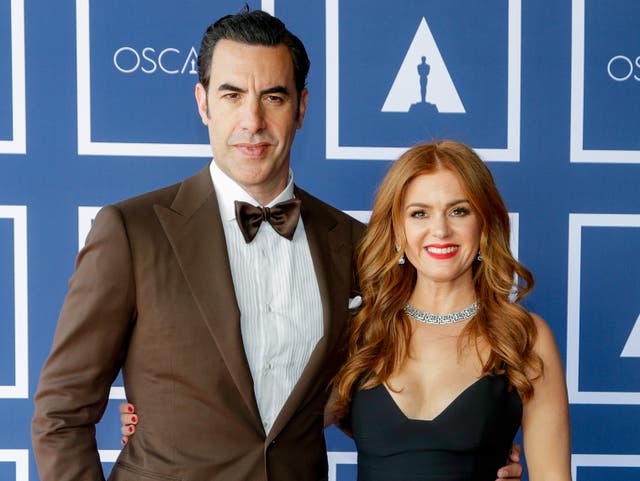 <p>Sacha Baron Cohen and Isla Fisher attend a screening of the Oscars on Monday, 26 April 2021 in Sydney, Australia. </p>
