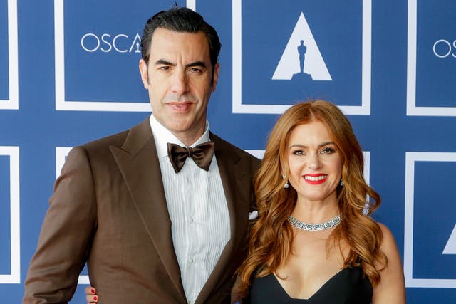 <p>Sacha Baron Cohen and Isla Fisher attend a screening of the Oscars on Monday, 26 April 2021 in Sydney, Australia. </p>