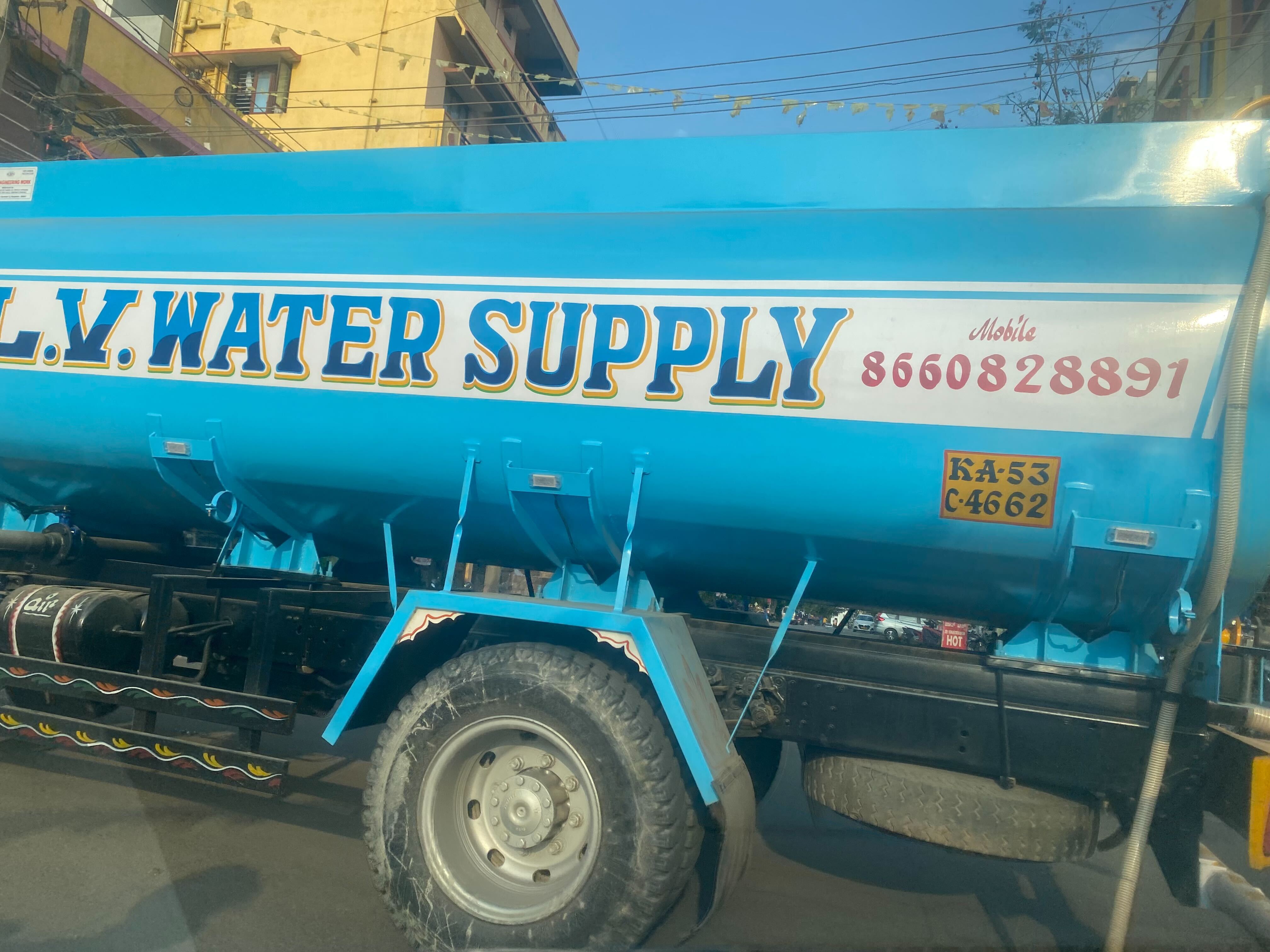 A private water tanker near Whitefield. Residents say they are now paying as much as 3,000 rupees (£300) for a tanker, five to six times the usual rate