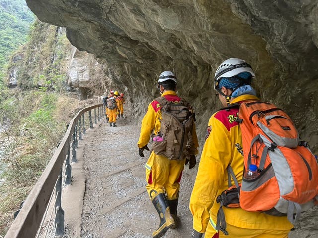 <p>This picture taken and released by Taiwan's Central News Agency (CNA) on 6 April 2024 shows rescuers searching National Taroko Park after an earthquake in Hualien</p>