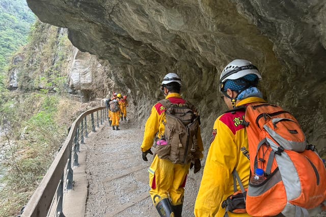 <p>This picture taken and released by Taiwan's Central News Agency (CNA) on 6 April 2024 shows rescuers searching National Taroko Park after an earthquake in Hualien</p>