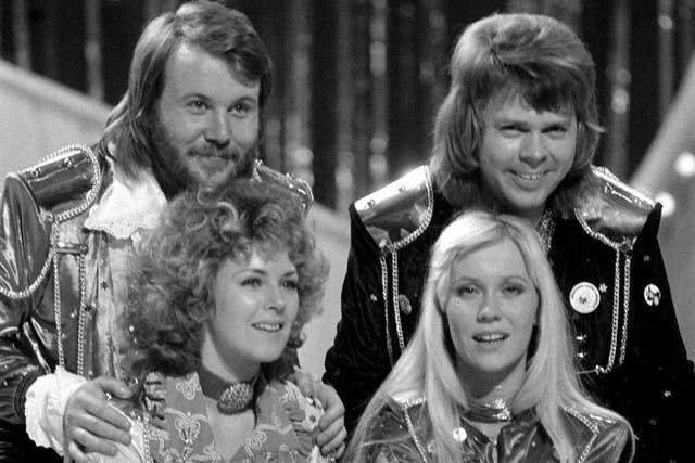 <p>The pop group Abba congratulate each other in Brighton after winning the Eurovision Song Contest for Sweden with Waterloo (PA)</p>