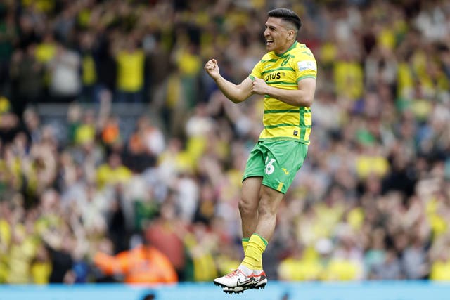 Marcelino Nunez celebrates scoring the free-kick which gave Norwich a 1-0 derby win over Ipswich (Nigel French/PA).