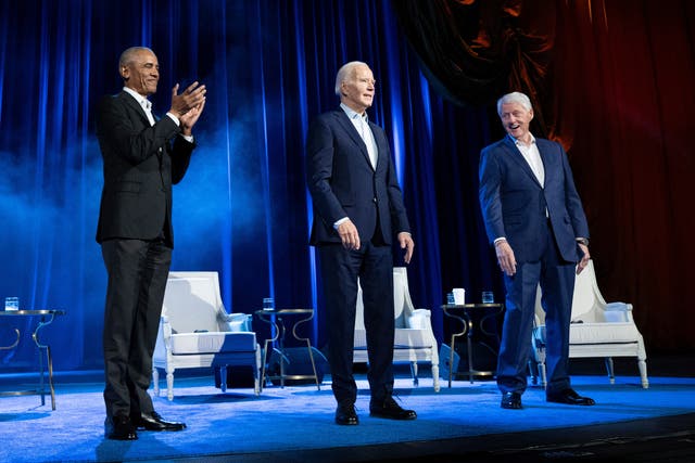 <p>Former President Barack Obama, former President Bill Clinton with current President Joe Biden during a campaign fundraising event at Radio City Music Hall in New York</p>