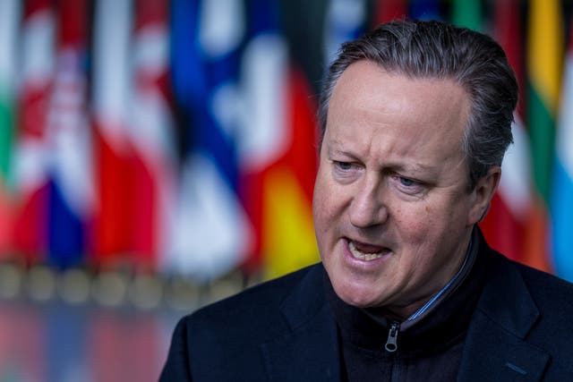 <p>Britain’s Foreign Secretary David Cameron speaks to the press after his arrival at NATO headquarters on the first day of the NATO Foreign Ministers’ meeting on April 03, 2024 in Brussels, Belgium</p>