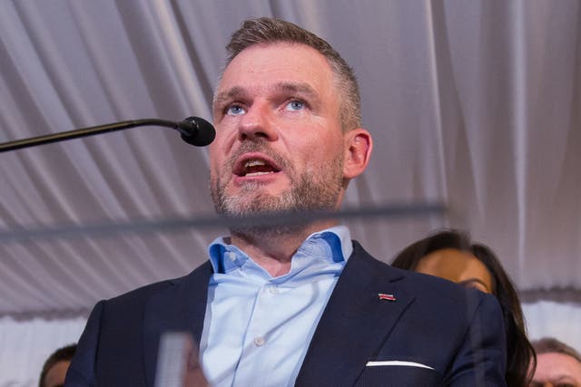 <p>Peter Pellegrini gives a speach to the members of media after winning the presidential election on 7 April 2024 in Bratislava, Slovakia</p>