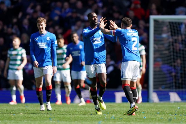 <p>Sima celebrates scoring Rangers’ second against Celtic </p>