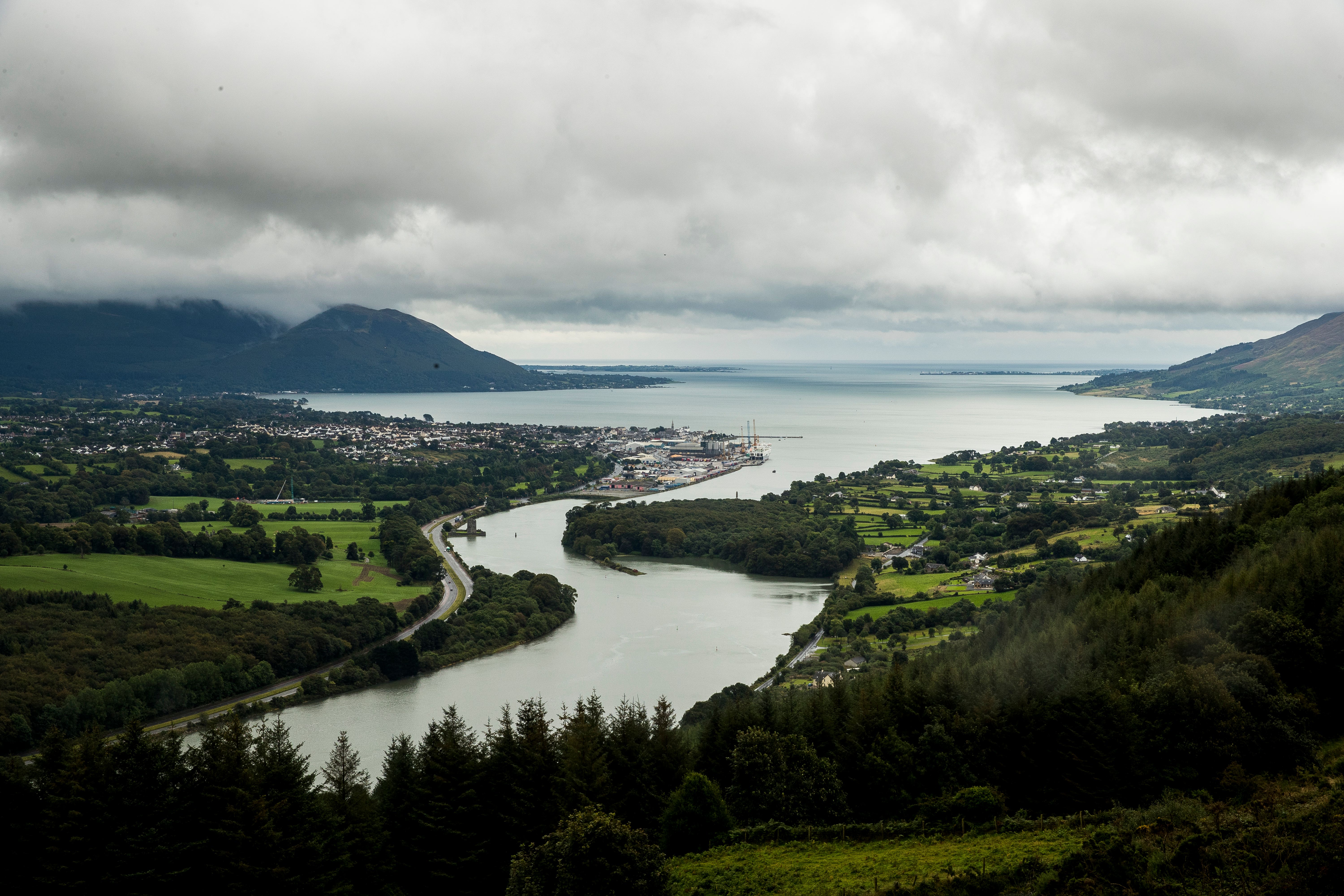 Narrow Water Point and Warrenpoint Port seen from from Flagstaff Viewpoint on the hills outside Newry where the Newry River flows out to Carlingford Lough, the UK and Republic of Ireland share a border through the lough (Liam McBurney/PA)