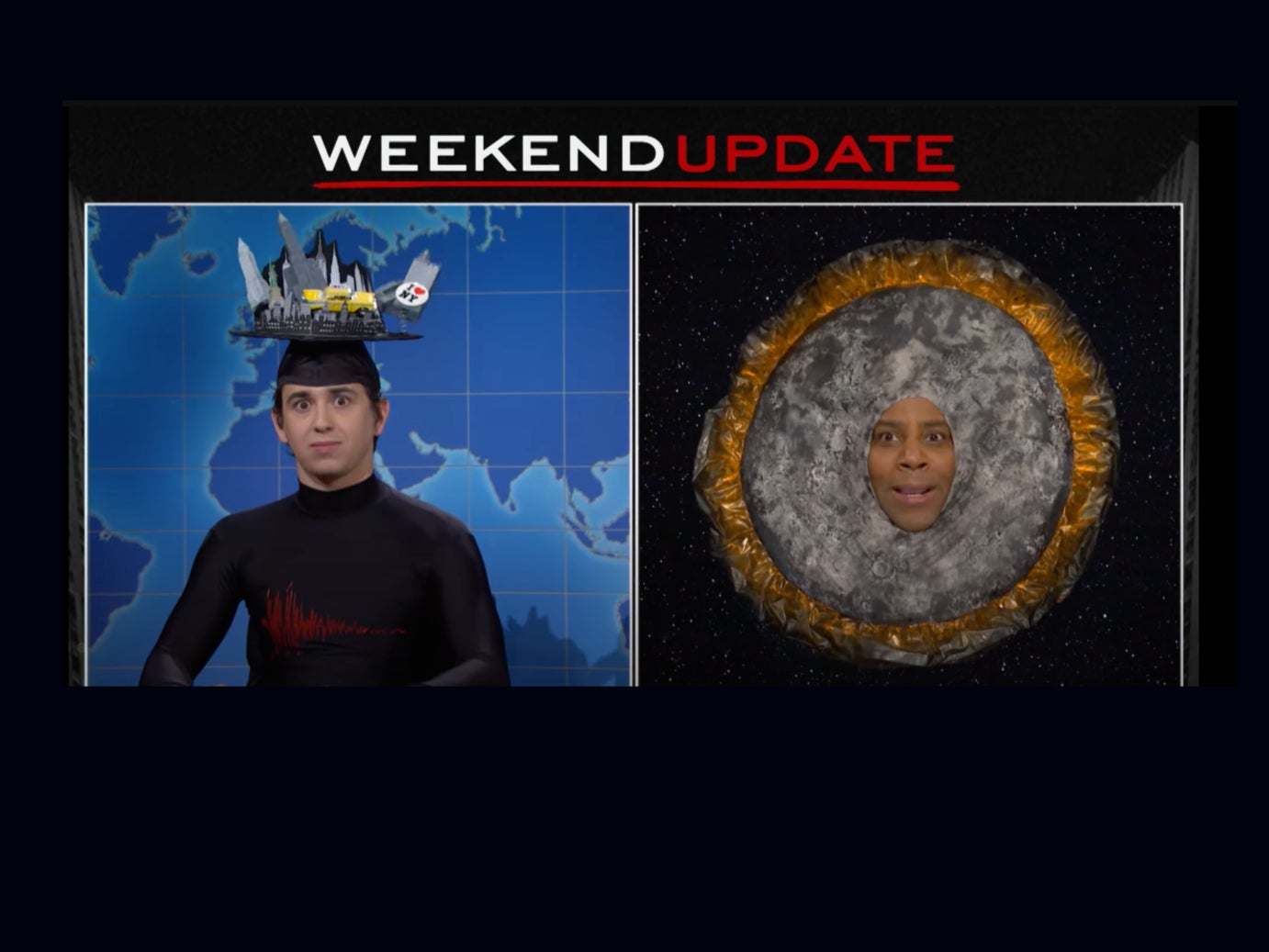 SNL cast members Marcello Hernández, left, and Kenan Thompson, right, portray the New York City earthquake and April’s solar eclipse, respectively, during a skit on 6 April, 2024