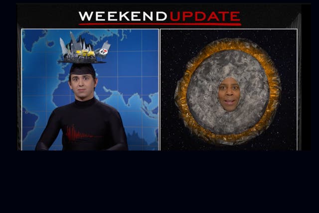 <p>SNL cast members Marcello Hernández, left, and Kenan Thompson, right, portray the New York City earthquake and April’s solar eclipse, respectively, during a skit on 6 April, 2024</p>