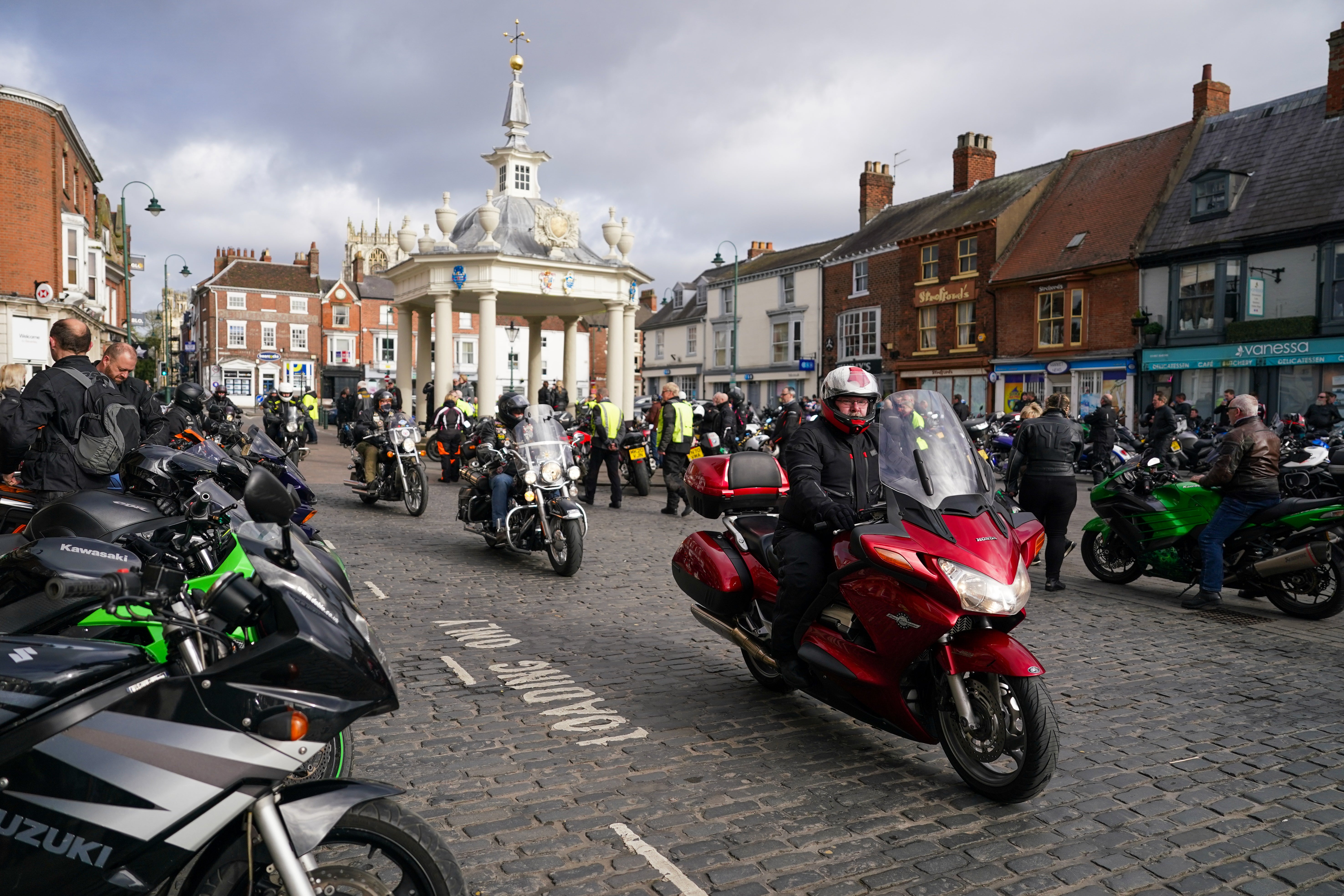 BEVERLEY, ENGLAND - APRIL 07: Hundreds of bikers ride from Beverley market place at the start of a memorial bike ride for Dave Myers of the Hairy Bikers on April 07, 2024 in Beverley,