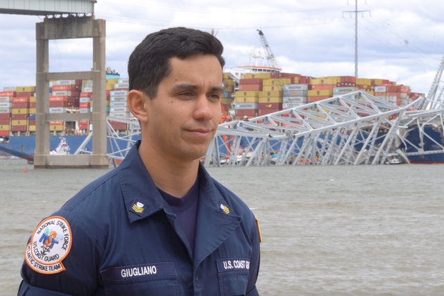 <p>US Coast Guard officer Claudio Giugliano describes conditions aboard Dali ship after it crashed into Baltimore Bridge </p>