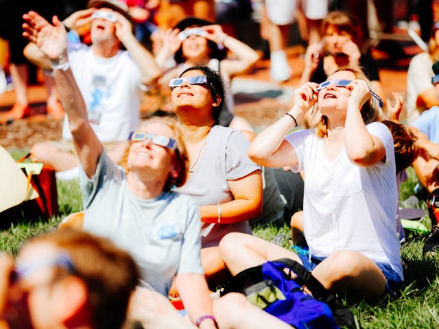 <p>Spectators watching the solar eclipse in the park with proper eclipse glasses  </p>