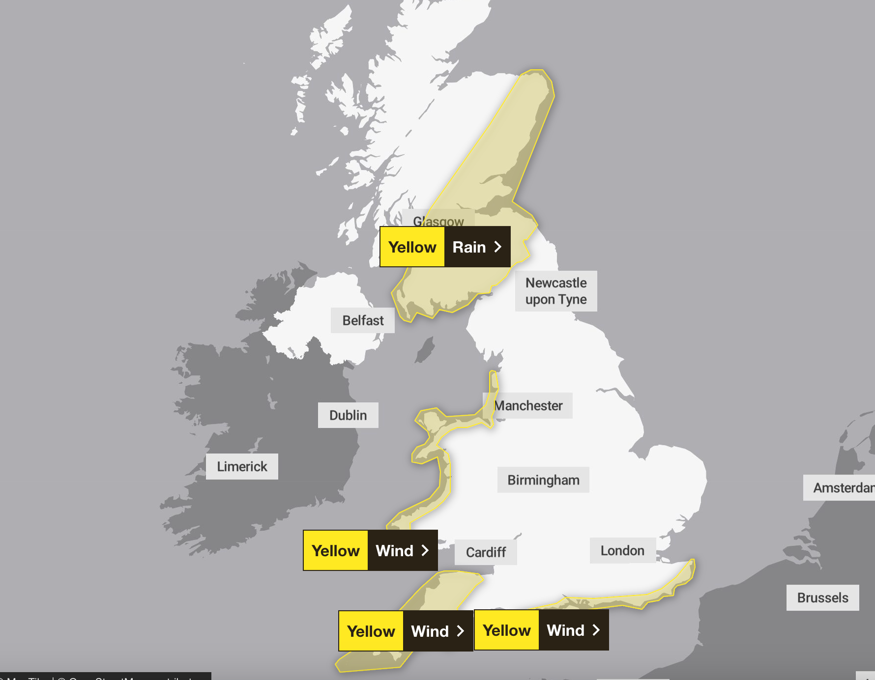 Three yellow wind warnings and a rain warning were also put in place across much of Scotland, the west coast of Wales and the south-east coast of England on Tuesday