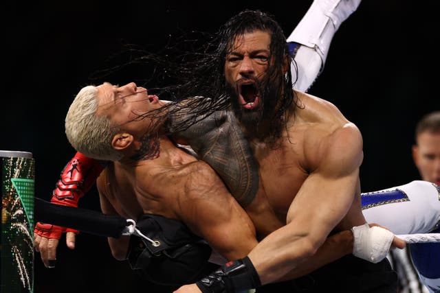 <p>Roman Reigns (right) in action against Cody Rhodes</p>