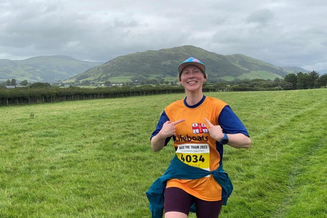 Louise Houghton, who survived a fall from Yesnaby Cliffs in Orkney. Despite being unable to walk for several weeks, she eventually took part in two races to raise money for the volunteers who saved her life. (RNLI/PA)