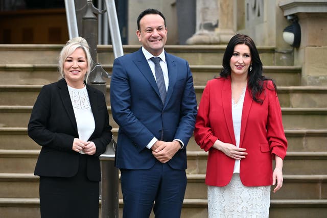 First Minister Michelle O’Neill, Taoiseach Leo Varadkar and deputy First Minister Emma Little-Pengelly at Stormont Castle, Belfast, following the restoration of the powersharing executive. Picture date: Monday February 5, 2024.