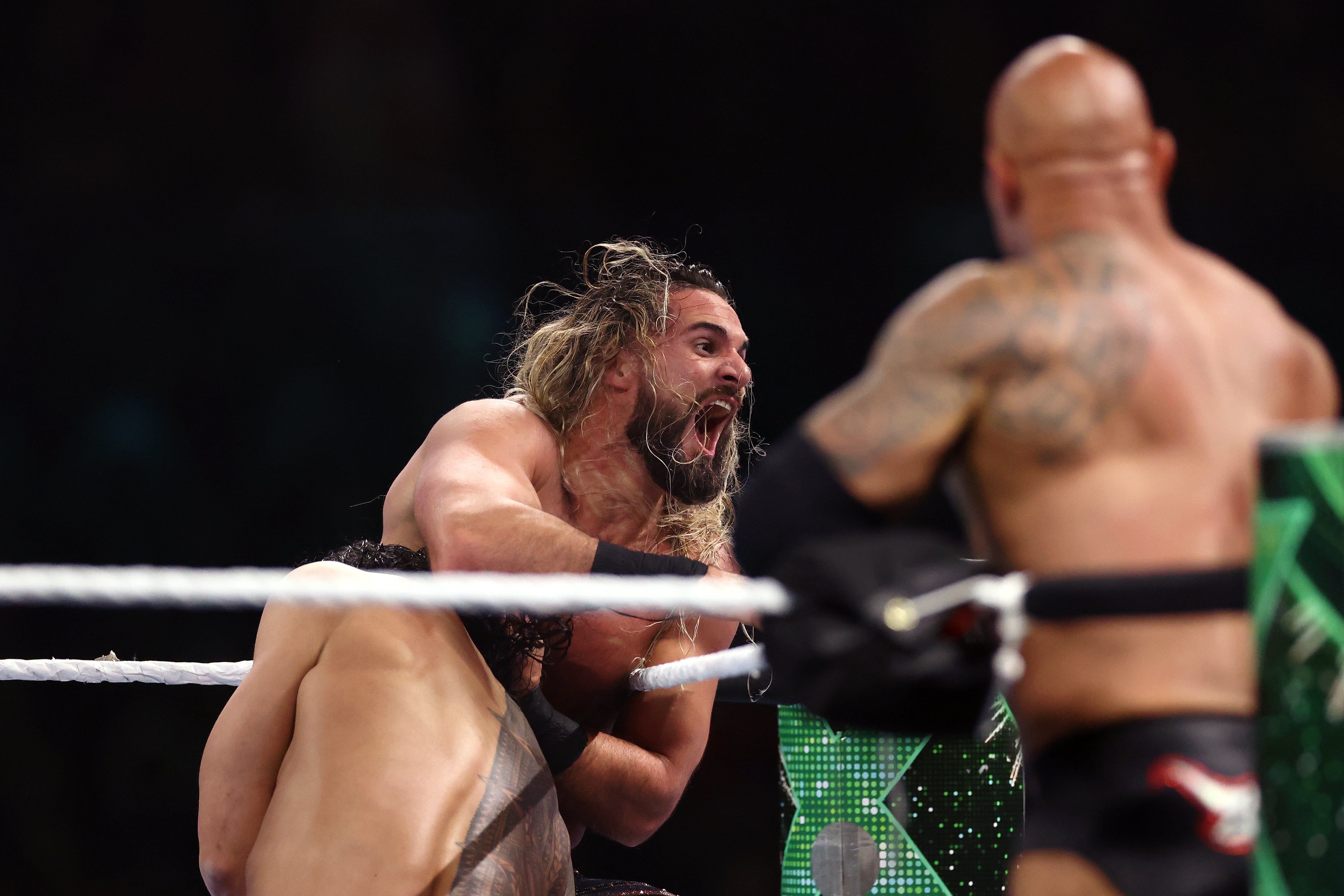 Seth Rollins during his tag-team match with Cody Rhodes, against The Rock and Roman Reigns