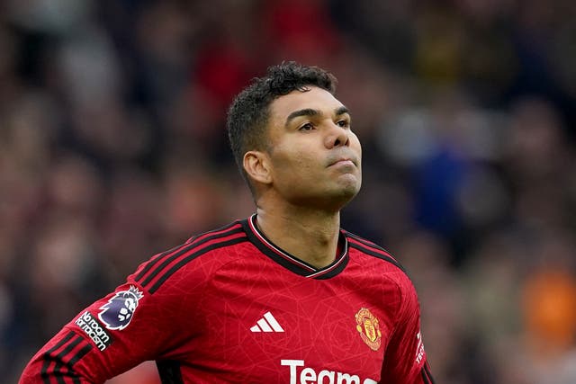 <p>Manchester United’s Casemiro reacts at the final whistle against Liverpool</p>