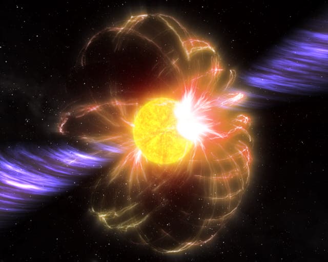 <p>Artist’s impression of a magnetar with magnetic field and powerful jets</p>