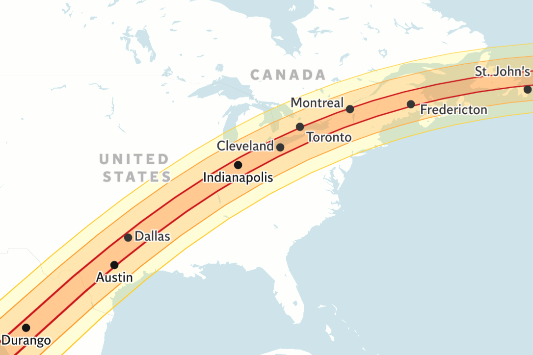 <p>The path of totality for the 2024 solar eclipse on 8 April crosses Mexico, the United States and Canada</p>