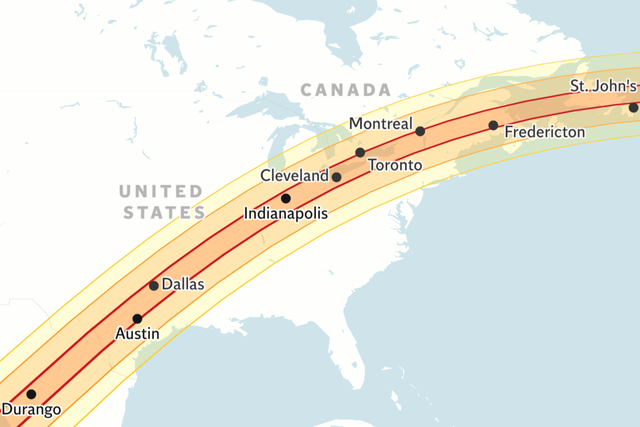 <p>The path of totality for the 2024 solar eclipse on 8 April crosses Mexico, the United States and Canada</p>