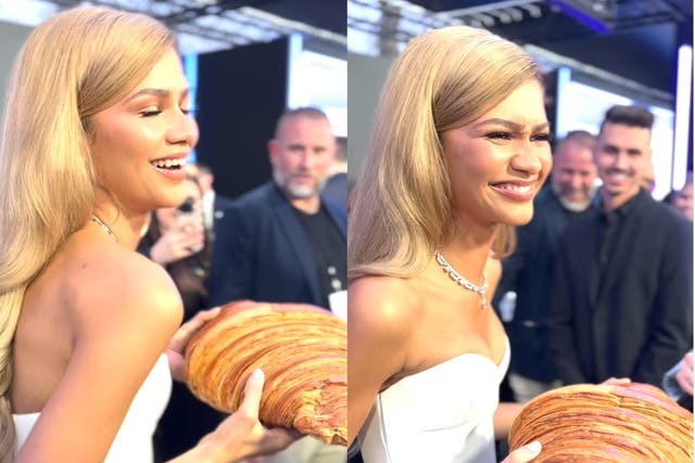 <p>Zendaya is gifted a giant croissant </p>