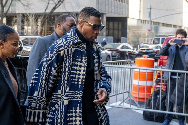 <p>Actor Jonathan Majors arrives with girlfriend Meagan Good for sentencing in his domestic abuse case at Manhattan Criminal Court on April 8, 2024 in New York City</p>