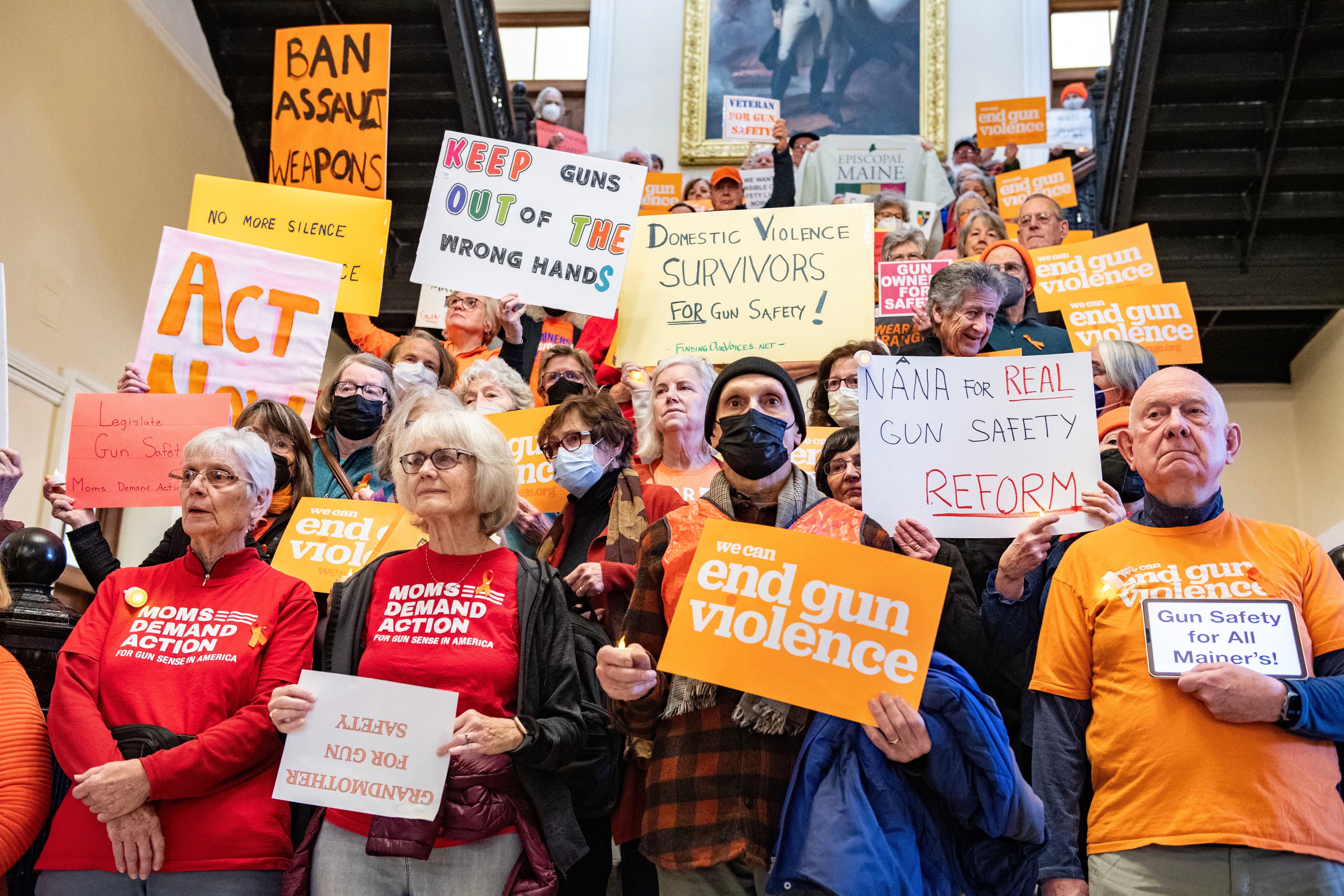 Maine gun control advocates attend a rally for gun safety in January 2024 in Augusta, Maine. Now, lawmakers and activists are debating the merits of a ‘red flag’ gun law