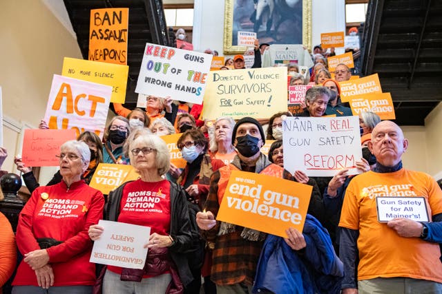 <p>Maine gun control advocates attend a rally for gun safety in January 2024 in Augusta, Maine. Now, lawmakers and activists are debating the merits of a ‘red flag’ gun law</p>