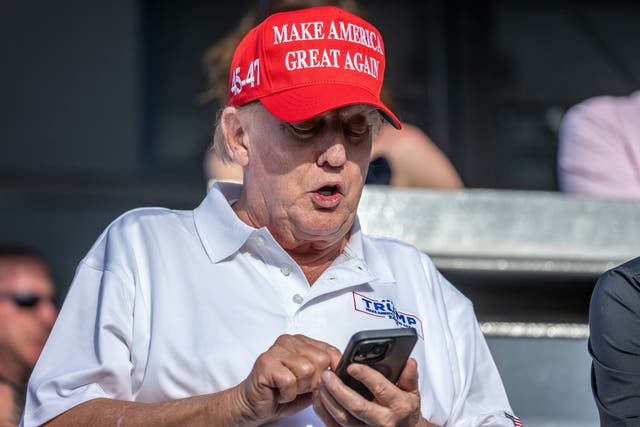 <p>Former US President Donald Trump attends the final of the LIV Golf Team Championship celebrated at the Trump National Doral in Doral, Florida, USA, 07 April 2024</p>