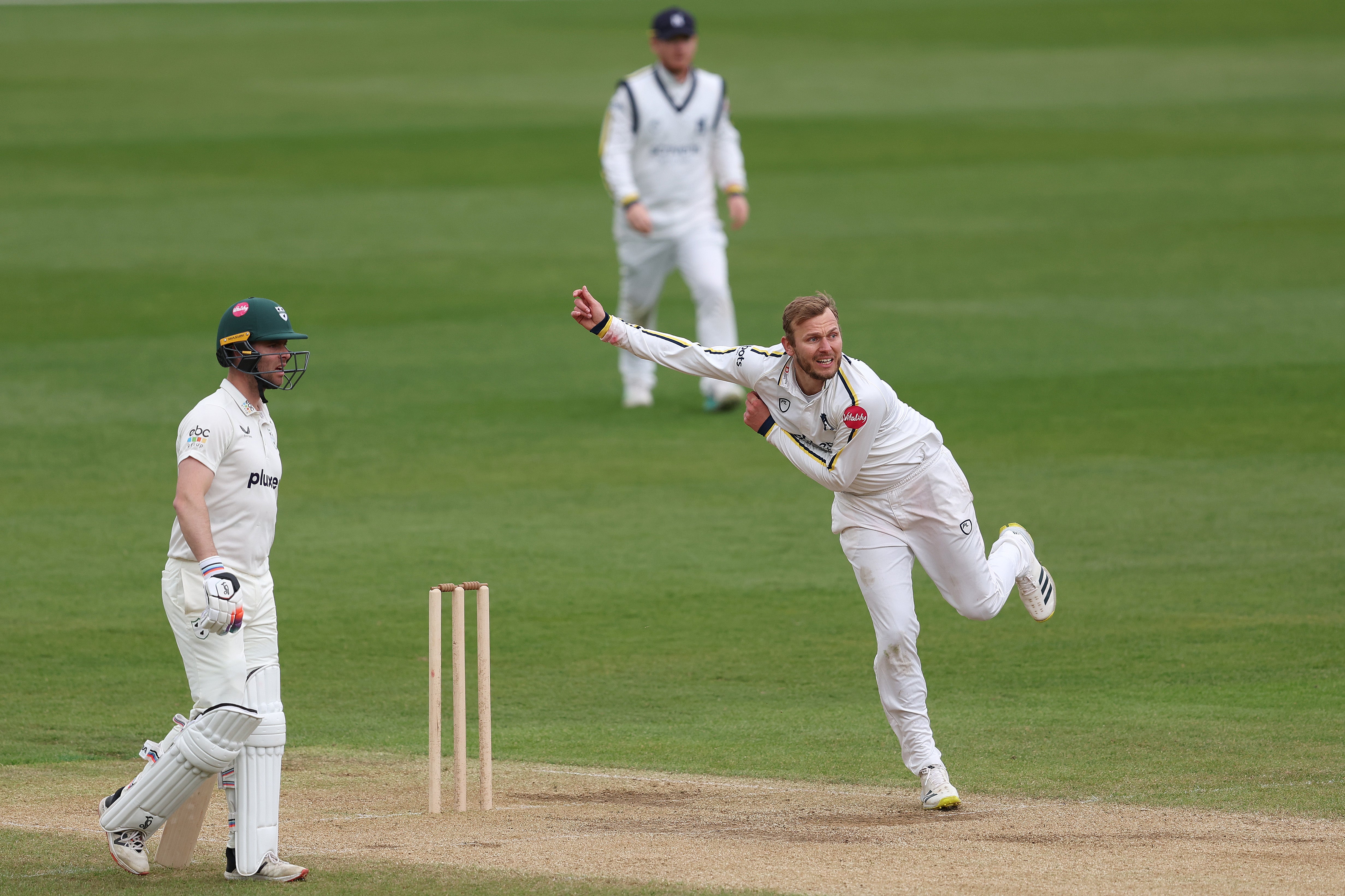 Warwickshire’s Danny Briggs bowling on day three of their County Championship match against Worcestershire