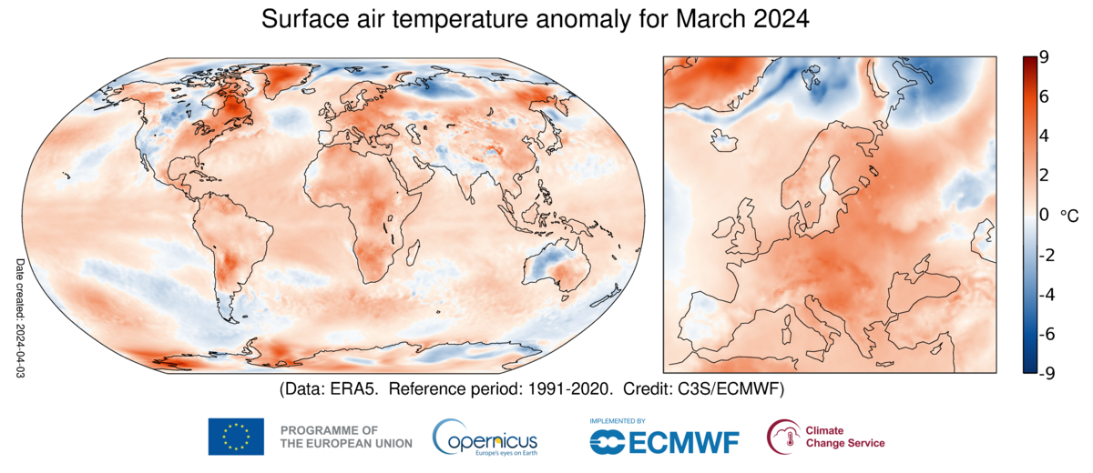 Map shows surface air temperatures globally in March
