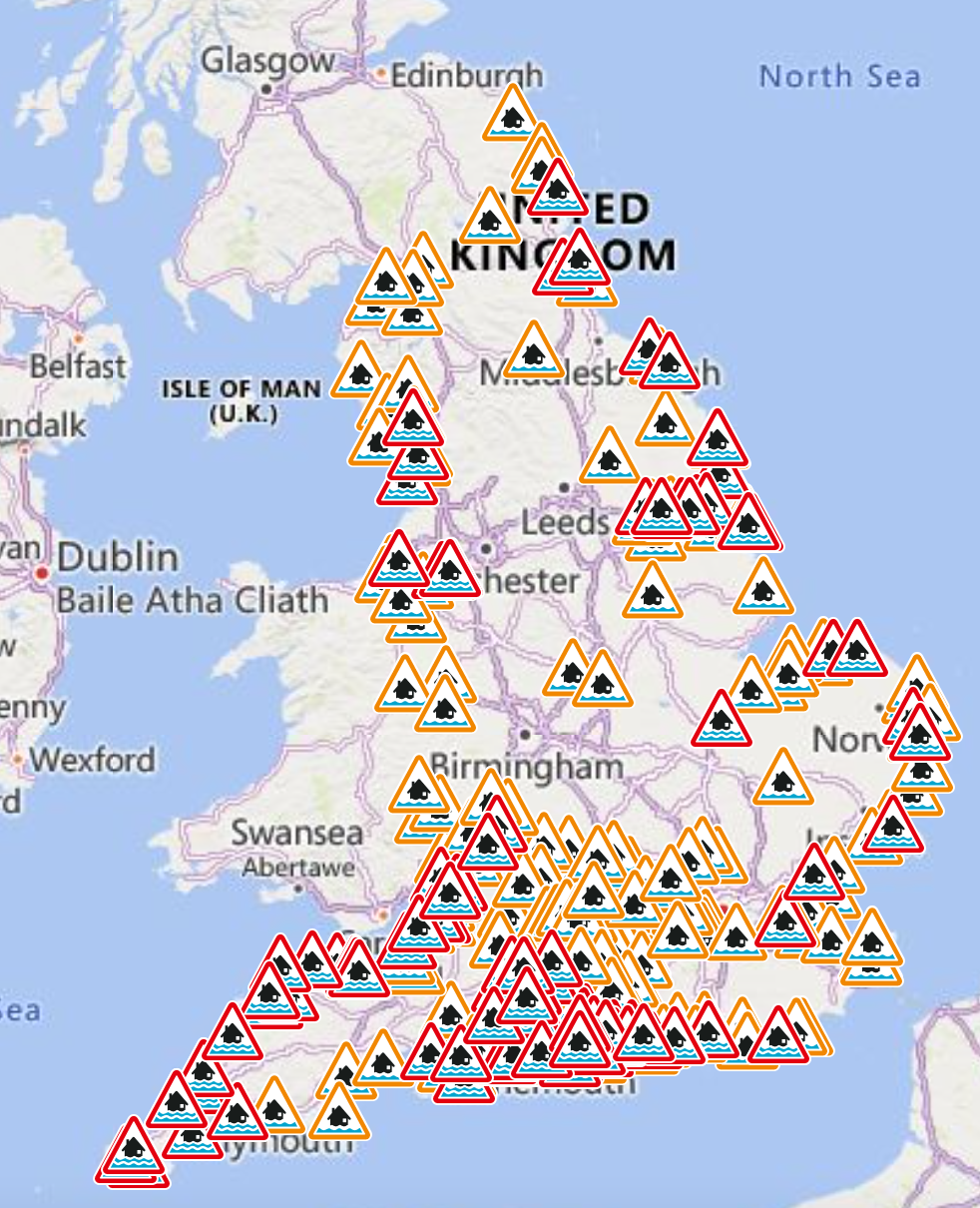 Hundreds of locations across England have been warned to brace for possible flooding