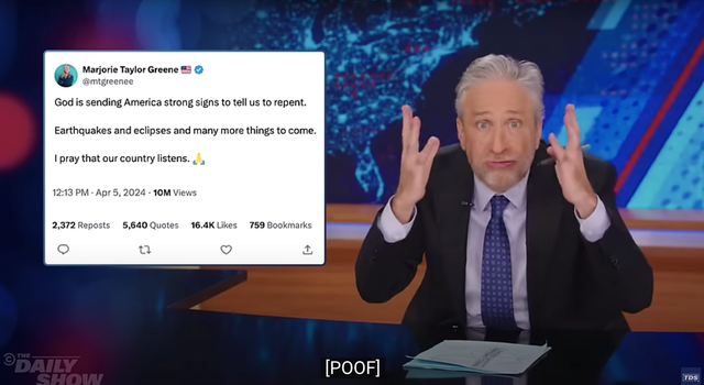 <p>Jon Stewart reacts to some of the right-wing conspiracy theories about New York’s earthquake and the solar eclipse</p>