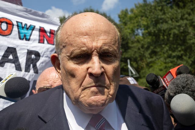 <p>Rudy Giuliani after being booked, outside the Fulton County Jail in Atlanta, Georgia, on 23 August  2023 </p>