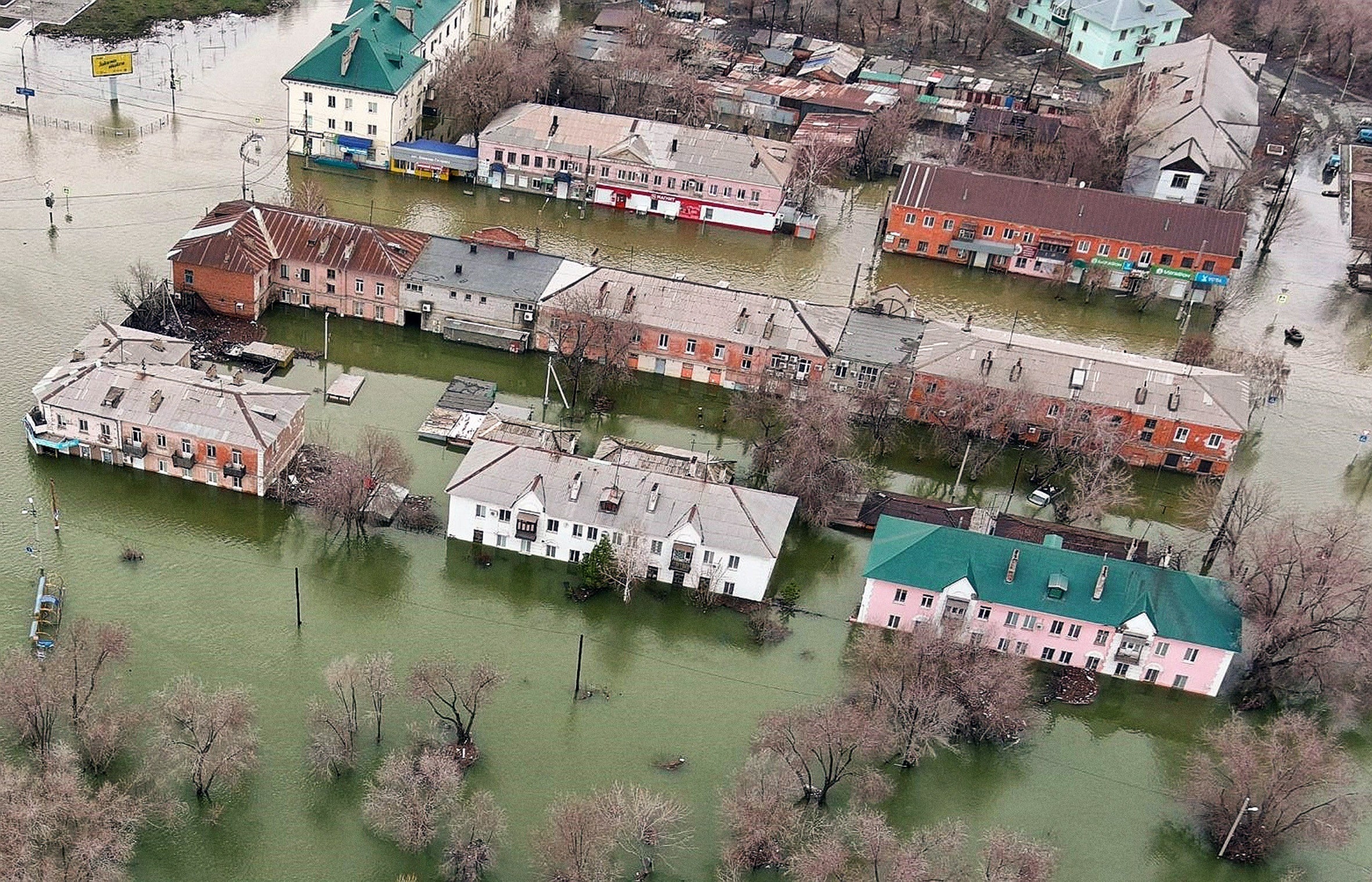 An aerial picture taken on 8 April shows the flooded part of the city of Orsk