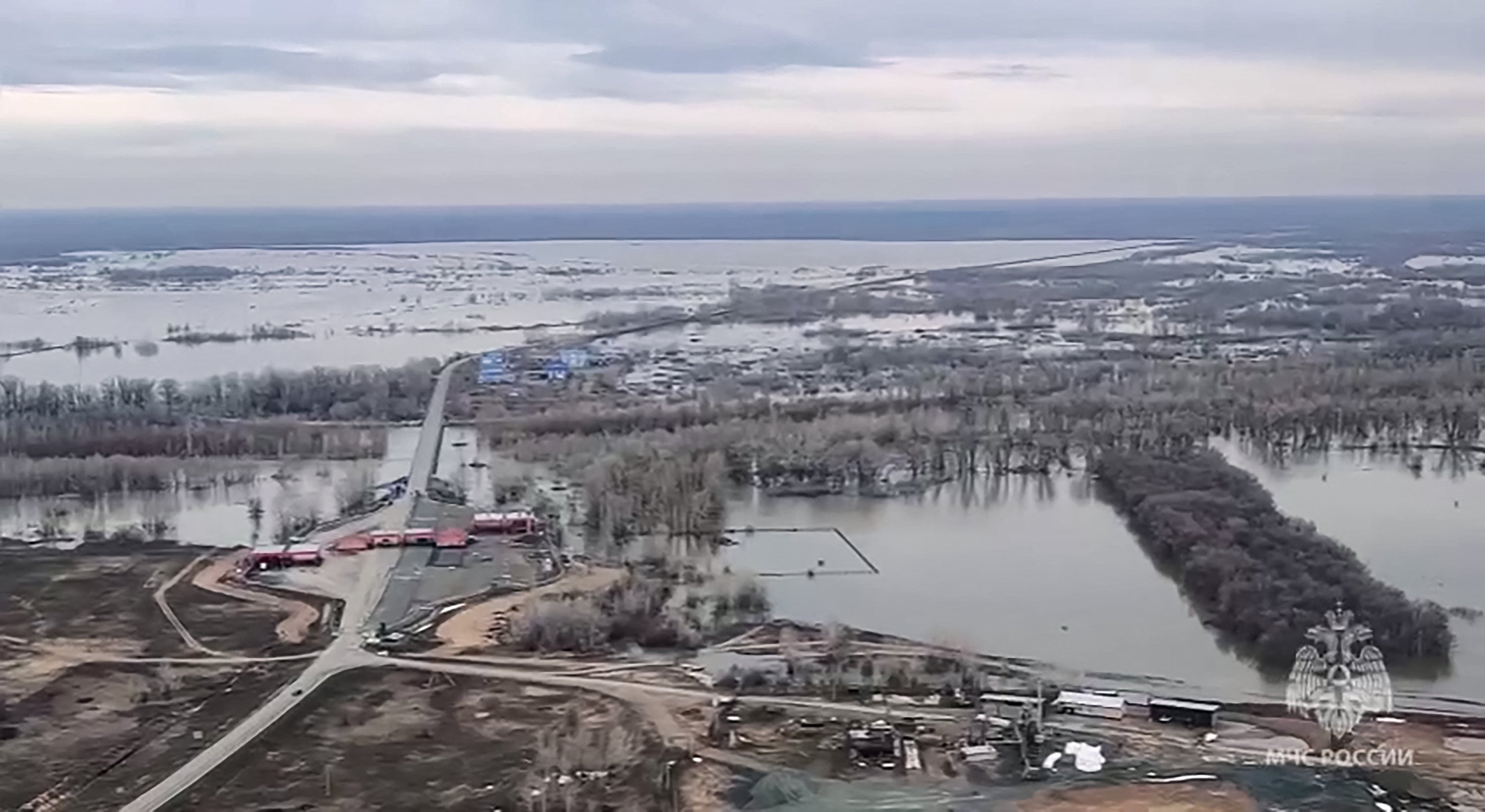 This grab taken from an aerial handout footage released by the Russian Emergency Situations Ministry on 9 April 9, shows floods in Orenburg
