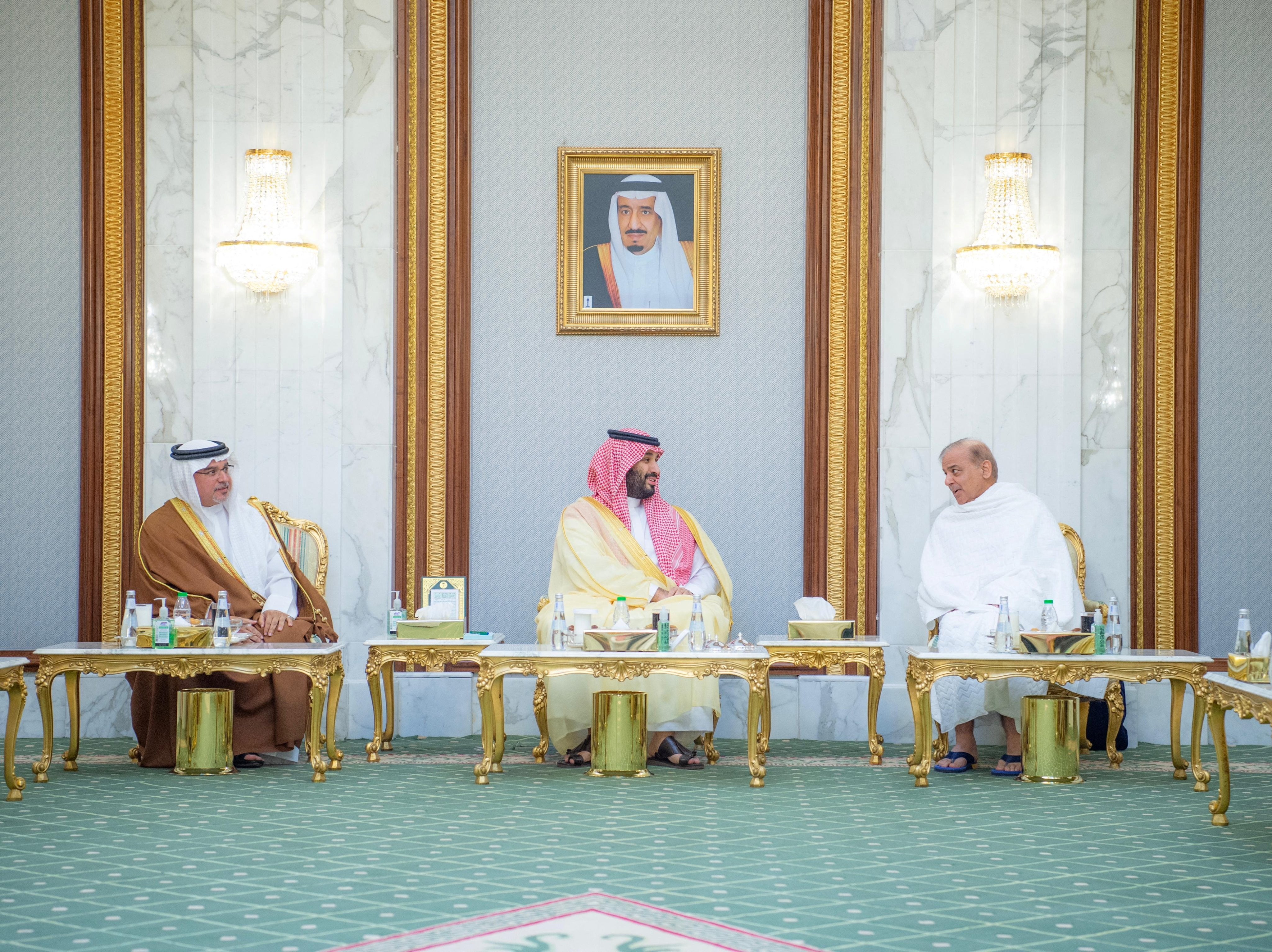 Saudi crown prince Mohammed bin Salman meets Pakistan's Prime Minister Shehbaz Sharif and Bahrain's Crown Prince and Prime Minister Sheikh Salman bin Hamad al-Khalifa