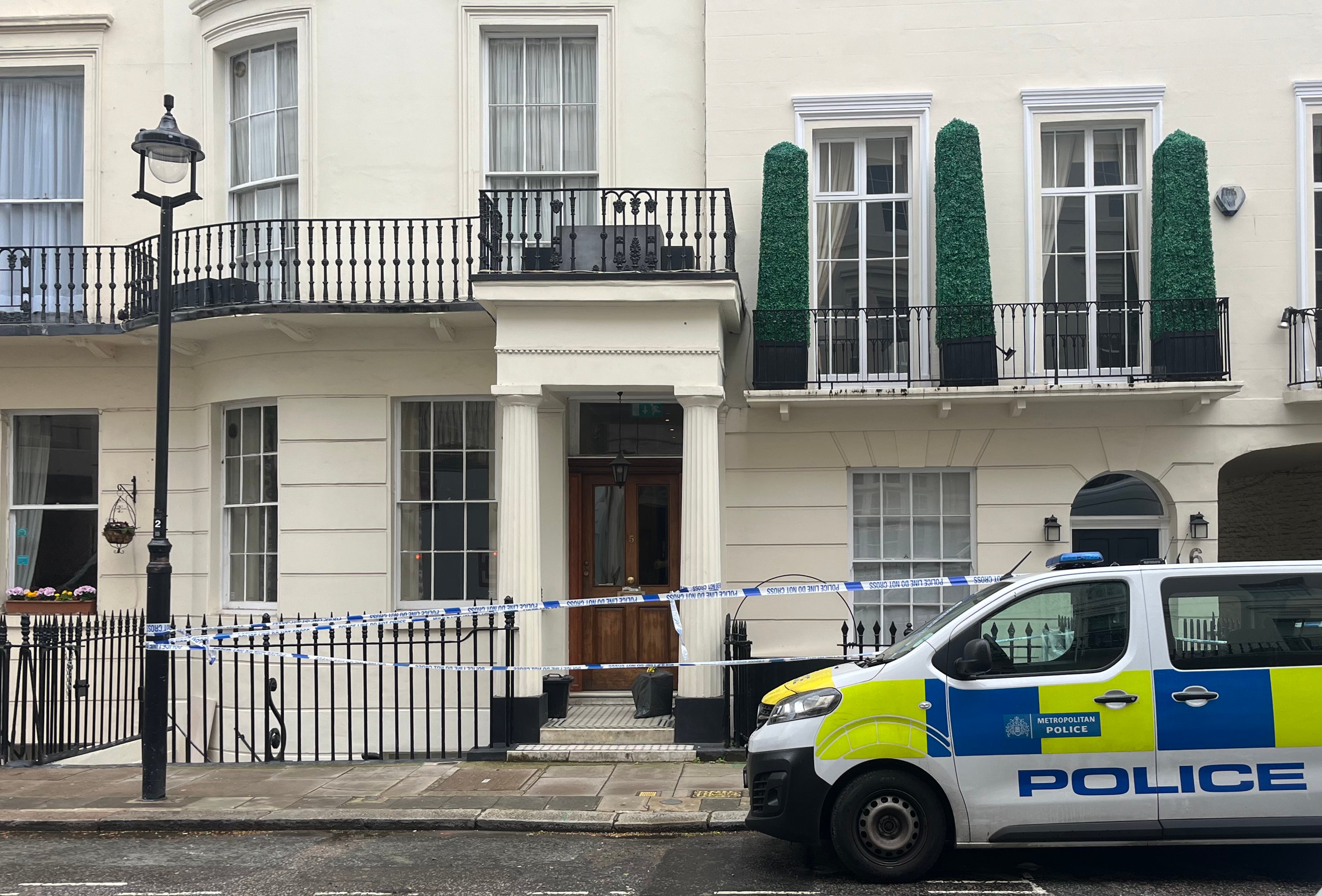 The scene on Stanhope Place, Bayswater, where a murder investigation is under way after the Hong Kong/Thai national was found dead