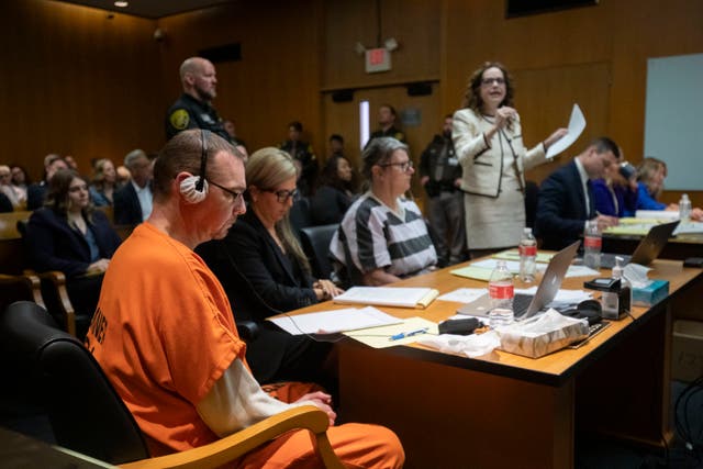 <p>James Crumbley, his attorney Mariell Lehman, Jennifer Crumbley, and her attorney Shannon Smith, sit in court for sentencing on four counts of involuntary manslaughter for the deaths of four Oxford High School students who were shot and killed by the Crumbley parents' son, on 9 April 2024 at Oakland County Circuit Court in Pontiac, Michigan</p>