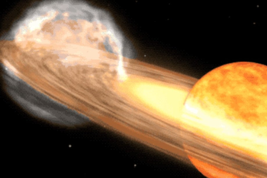 T Coronae Borealis yıldız sisteminin bir sanatçı tarafından yapılmış tasviri; birbirinin etrafında dönen kırmızı dev bir yıldız ve beyaz cüce bir yıldızı göstermektedir.