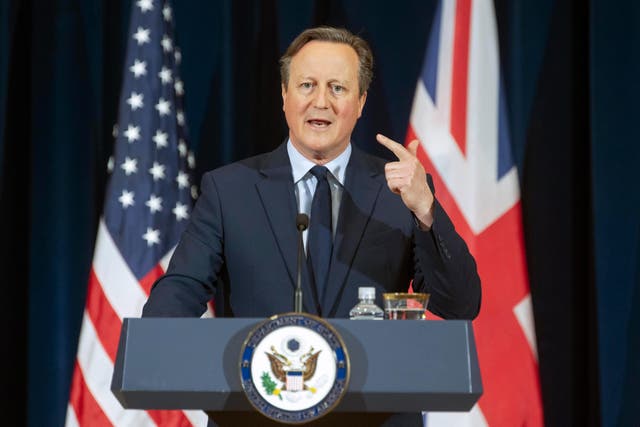<p>Foreign Secretary Lord David Cameron speaks during a meeting with US secretary of state Antony Blinken at the State Department in Washington (Kevin Wolf/AP)</p>