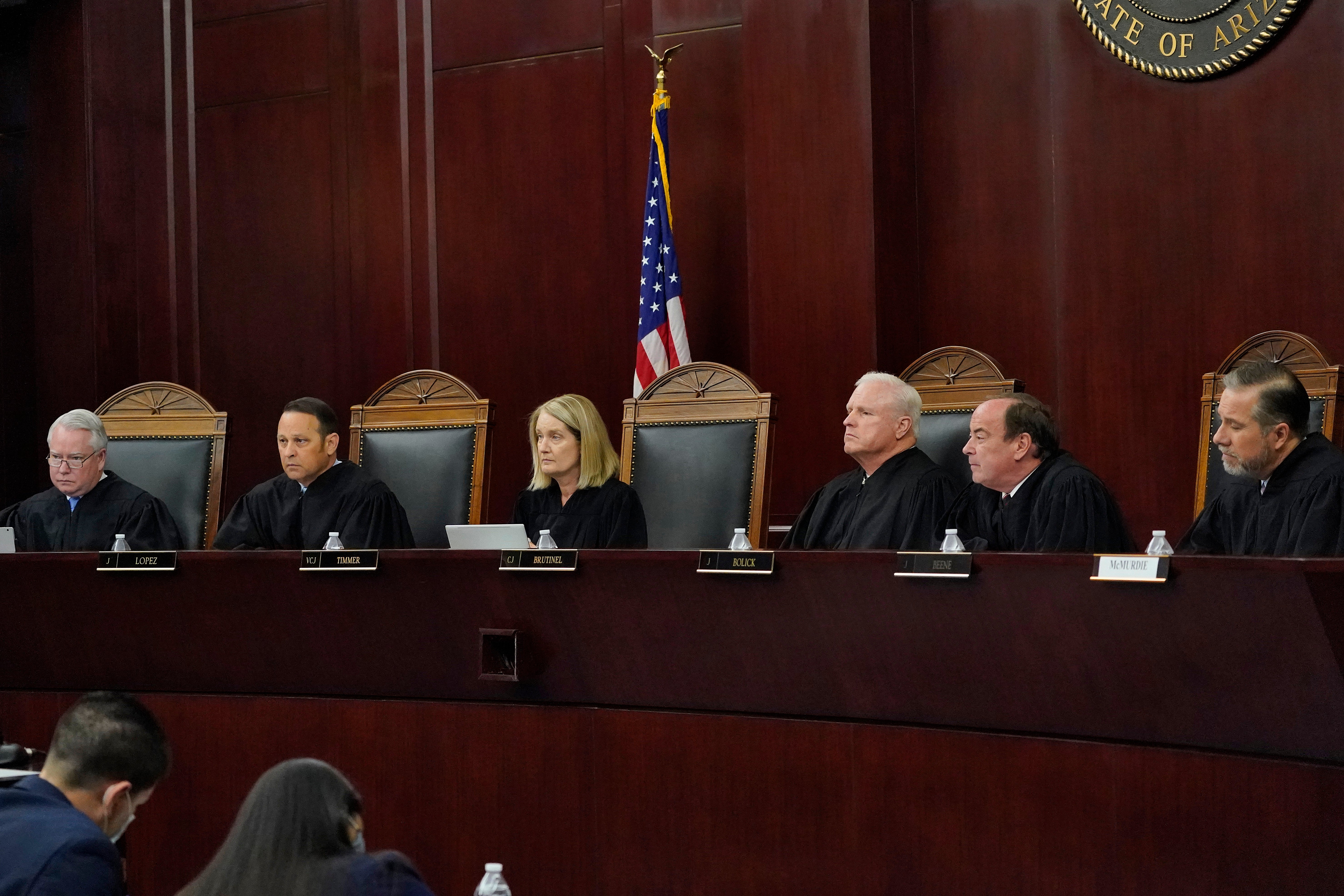 Arizona Supreme Court Justices from left; William G. Montgomery, John R Lopez IV, Vice Chief Justice Ann A. Scott Timmer, Chief Justice Robert M. Brutinel, Clint Bolick and James Beene