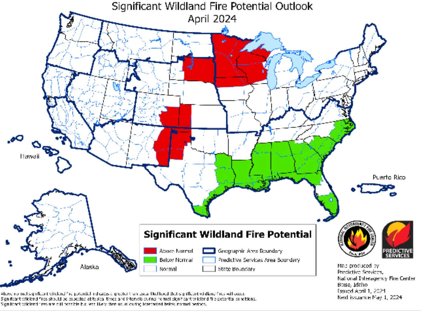 The wildfire potential outlook for April 2024. Red indicates above normal fire risk and green indicates below normal risk