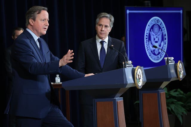 <p>British Foreign Secretary David Cameron and US secretary of State Antony Blinken speak in Washington on 9 April</p>
