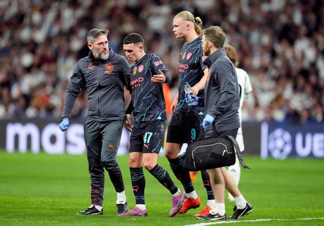 <p>Phil Foden appeared to suffer an injury during Manchester City’s draw with Real Madrid </p>