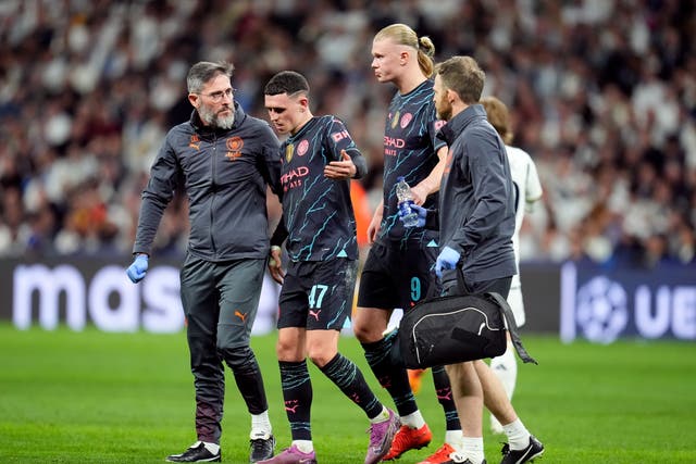 <p>Phil Foden appeared to suffer an injury during Manchester City’s draw with Real Madrid </p>