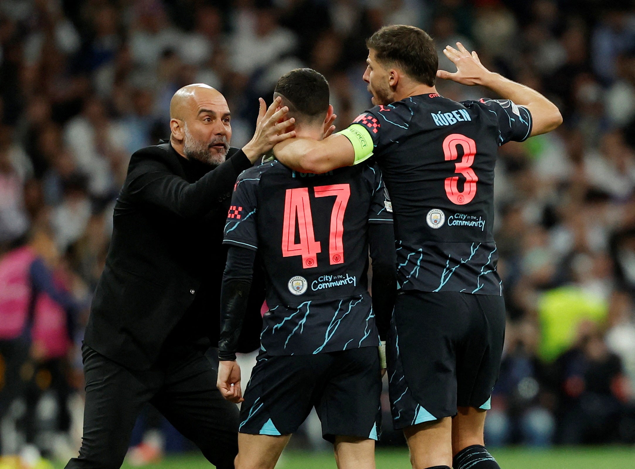 Pep Guardiola celebrates Phil Foden’s screamer at the Bernabeu