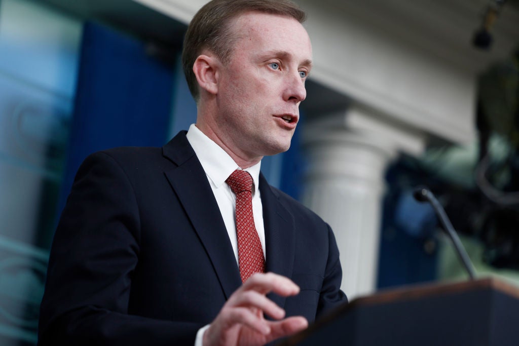 White House National Security Adviser Jake Sullivan speaks to reporters at the 9 April daily press briefing